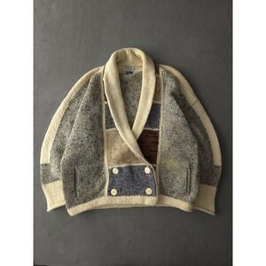 Vintage 1970s Margaret Hyne Color Block Wool Shawl Collar Cardigan Sweater XL